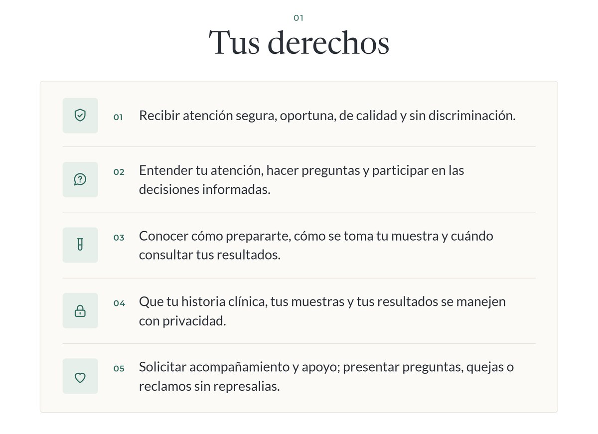 Tus derechos como paciente de INMUNOMEDICA LAB: 1. Recibir atención segura, oportuna, de calidad y sin discriminación. 2. Entender tu atención, hacer preguntas y participar en las decisiones informadas. 3. Conocer cómo prepararte, cómo se toma tu muestra y cuándo consultar tus resultados. 4. Que tu historia clínica, tus muestras y tus resultados se manejen con privacidad. 5. Solicitar acompañamiento y apoyo; presentar preguntas, quejas o reclamos sin represalias.